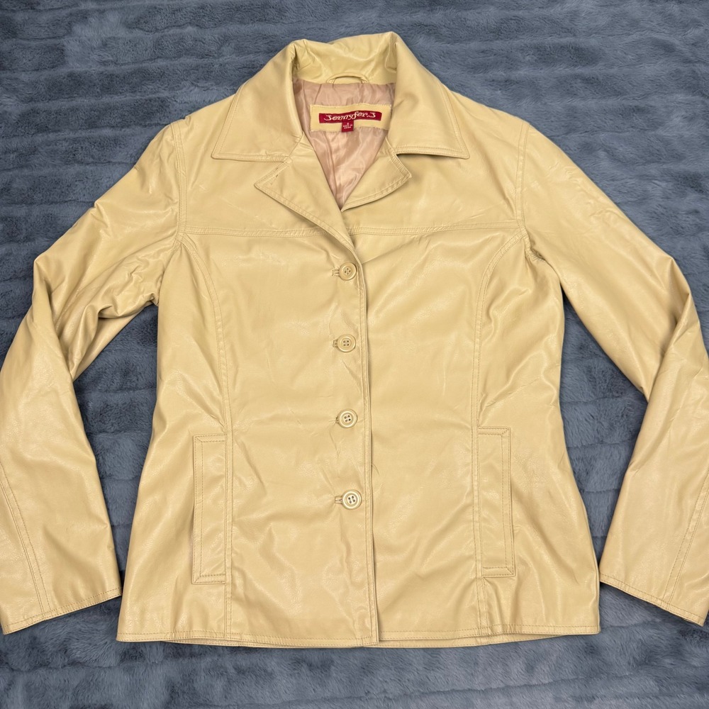 Jennyfer.J Womens Beige Faux Leather Button Front Blazer Jacket Small RN100278